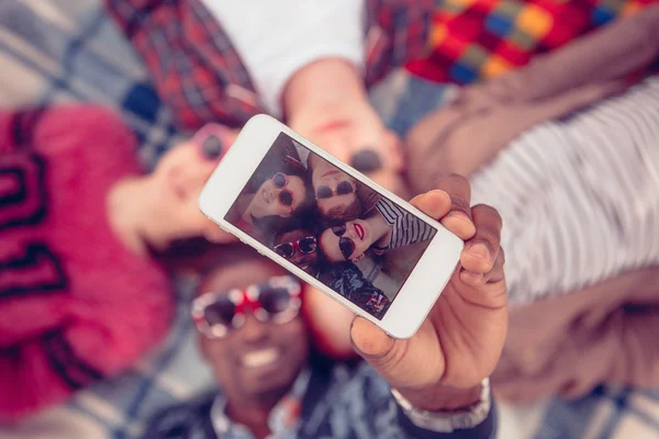 Best friends making selfies on picnic