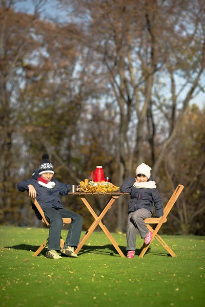Children sitting at the wooden table on a picnic