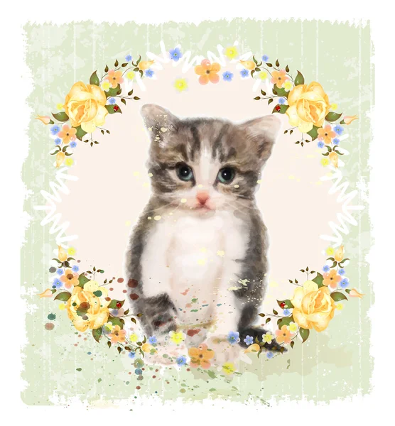 Vintage card with fluffy kitten and roses. Imitation of watercol