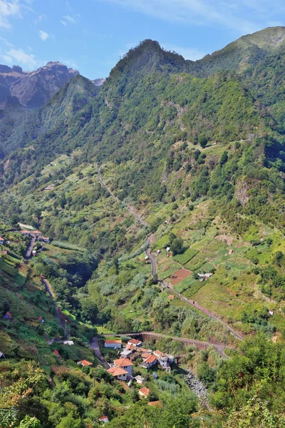Green valley in the mountains with village