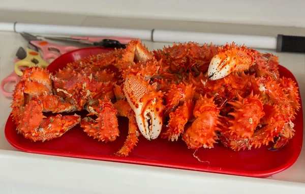 Freshly prepared Kamchatka crab on tray.