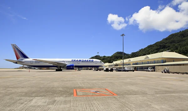 Transaero Airlines plane at Seychelles International Airport on Mahe Island.