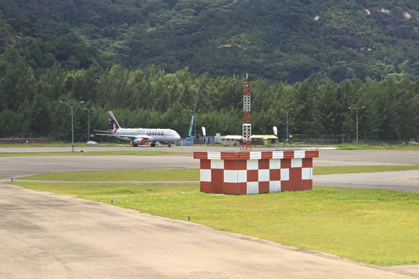 Qatar Airlines plane at Seychelles International Airport on Mahe Island.