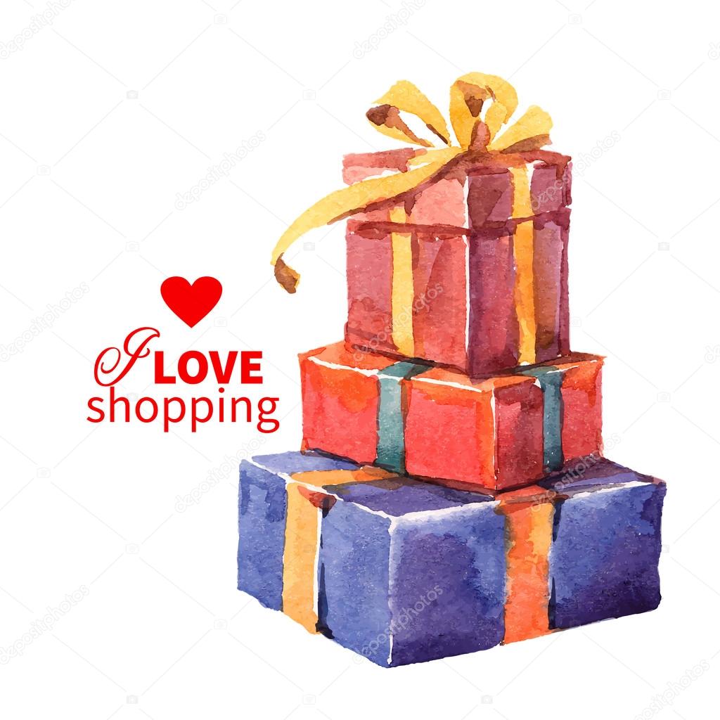 Watercolor painting gift boxes with bows. — Stock Vector © pimonova 80007262
