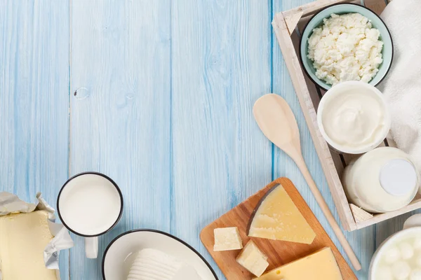 Dairy products on wooden table