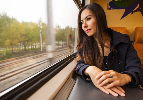 Portrait of beautiful young woman with long hairs looks out of train window.