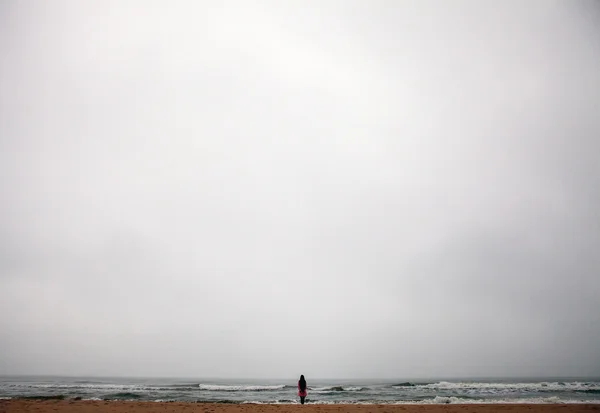 Young woman with long hair standing back on beach of the North Sea in cloudy evening.