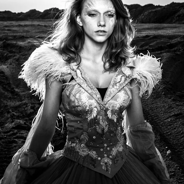 Black-white fine art portrait of attractive romantic woman at fairy tale dry field.