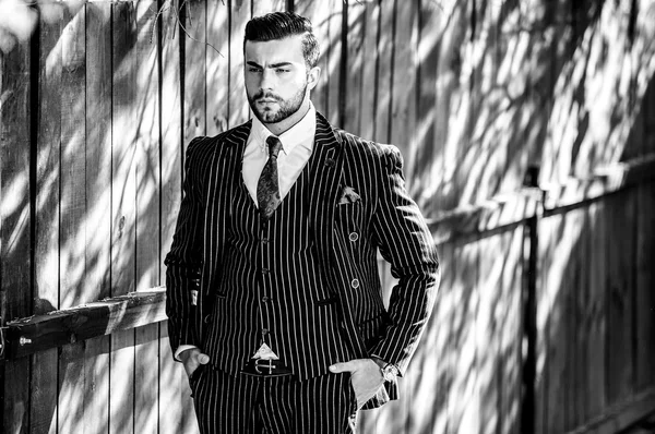 Portrait of young beautiful fashionable man against wooden fence In classic suit. Black-white outdoor fashion photo.