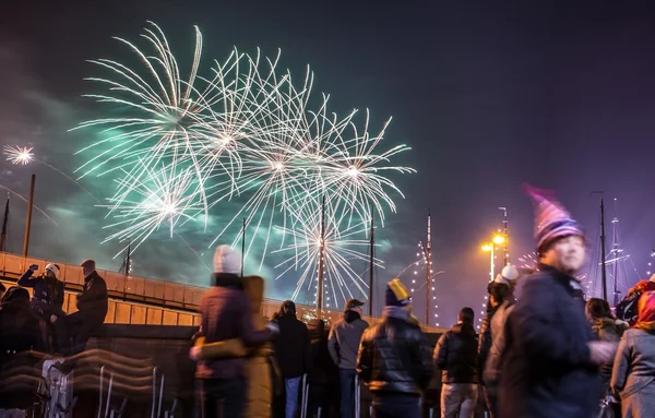 AMSTERDAM, NETHERLANDS - JANUARY 1, 2016: Festive salute of fireworks on New Year\'s night. On January 1, 2016 in Amsterdam - Netherland.