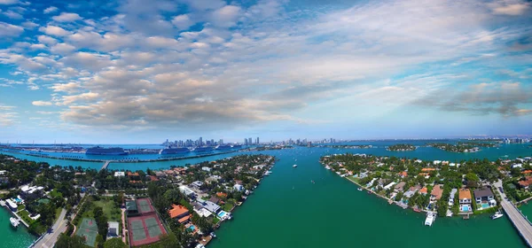 Sunset aerial view of Miami port