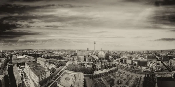 Black and white aerial view of Berlin Cathedral and city landmar