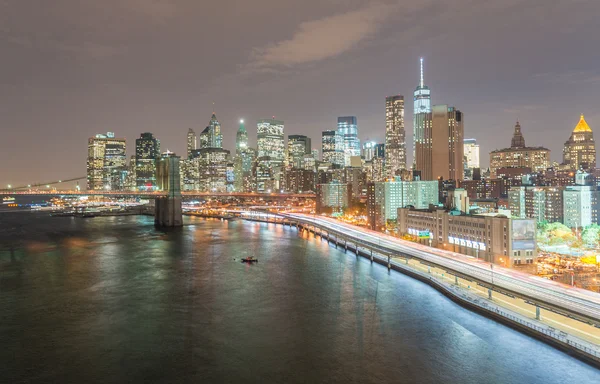 Lower Manhattan night skyline as seen from Manhattan Bridge