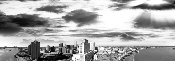 Black and white aerial view of New Orleans skyline - Louisiana