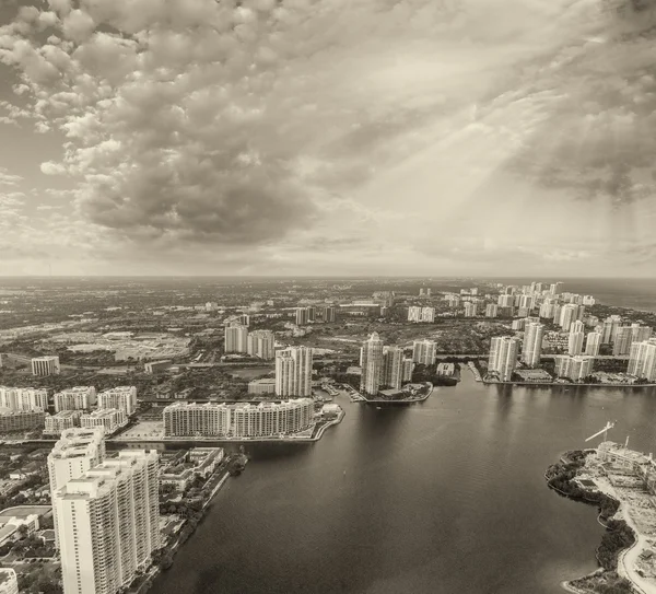 Miami Beach from the air, black and white aerial view