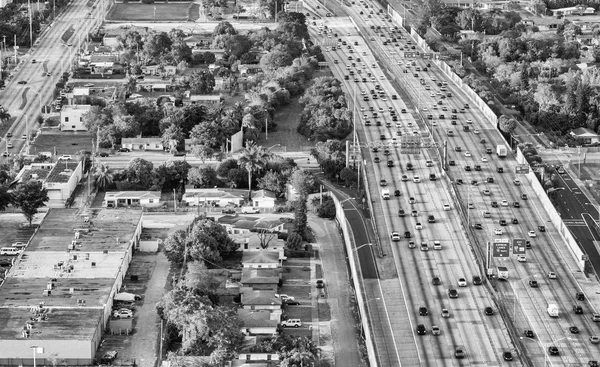 Aerial view of heavy interstate traffic
