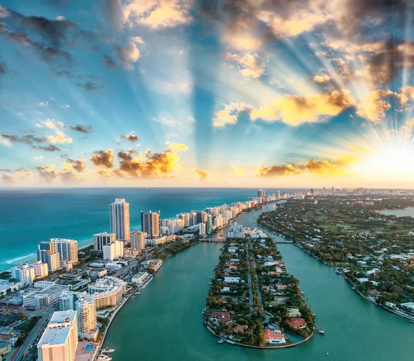 Skyline of Miami Beach, overhead view at dusk