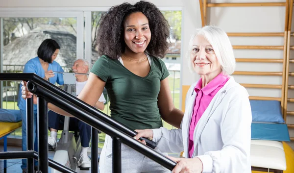 Happiness in elder rehab facility. Retired successful people