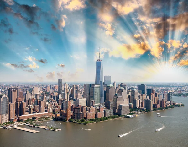 Helicopter view of Lower Manhattan skyline