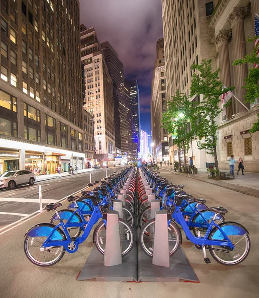 A row of blue bicycles on New York street