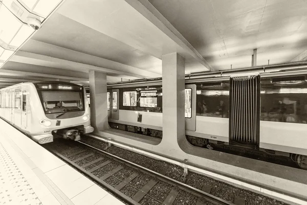 BRUSSELS - MAY 1, 2015: Train arrives in city metro station. Sub