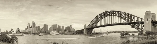 Black and white panoramic view of Sydney harbour, Australia