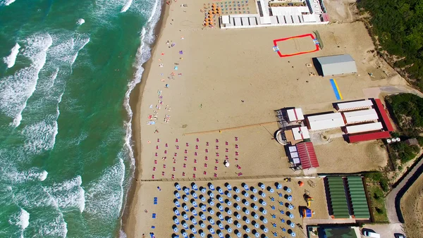 Beach umbrellas and chairs on the beach. Aerial bird eye view