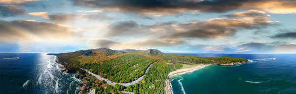 Aerial panoramic view of Maine coast in autumn