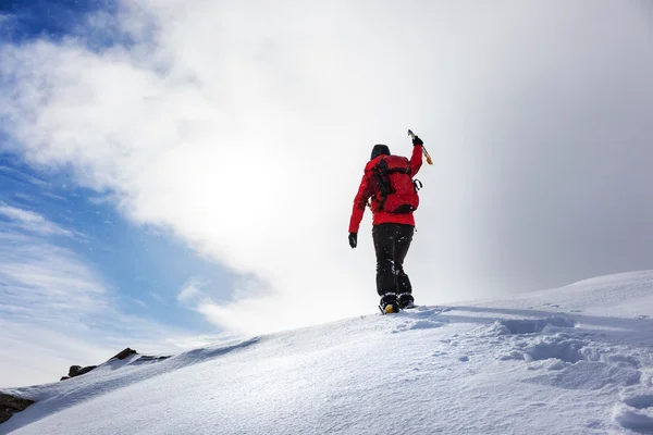 Mountaineer reaching the summit of a snowy peak in winter season