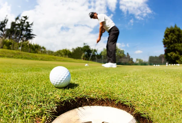 Golfer drove the ball into the hole on putting green; summer sunny day, selective focus on ball