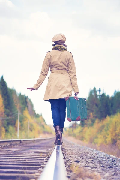 Elegant woman with a suitcase traveling by rail.