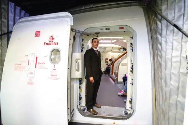 Emirates crew member meet passengers