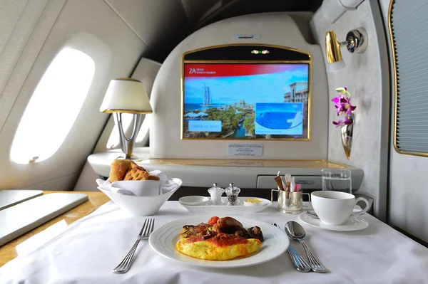 Breakfast food in Emirates Airbus A380 interior.