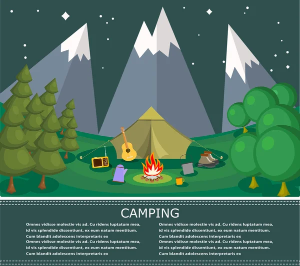 Vector flat banner on the theme of camping with a bonfire. Campi