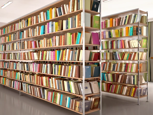 3d illustration of Bright and modern books on the shelves in the