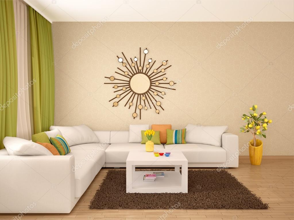 3d illustratie van interieur van moderne woonkamer warme kleuren ...