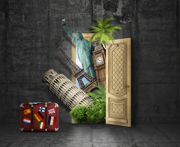 Concept of travel. Door with picture of world attractions on con