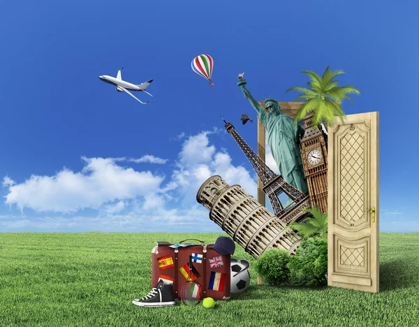 Concept of travel. Door with picture of world attractions on nat