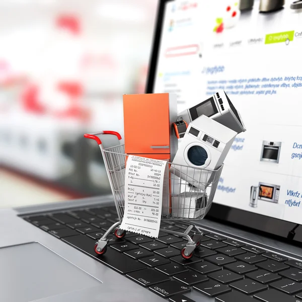 Large home appliances with a check in the shopping cart on the notebook. E-commerce concept.
