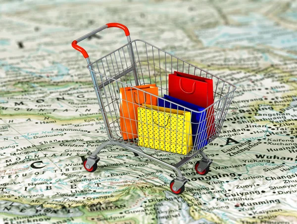 International shopping. Colorful package in the shopping cart on