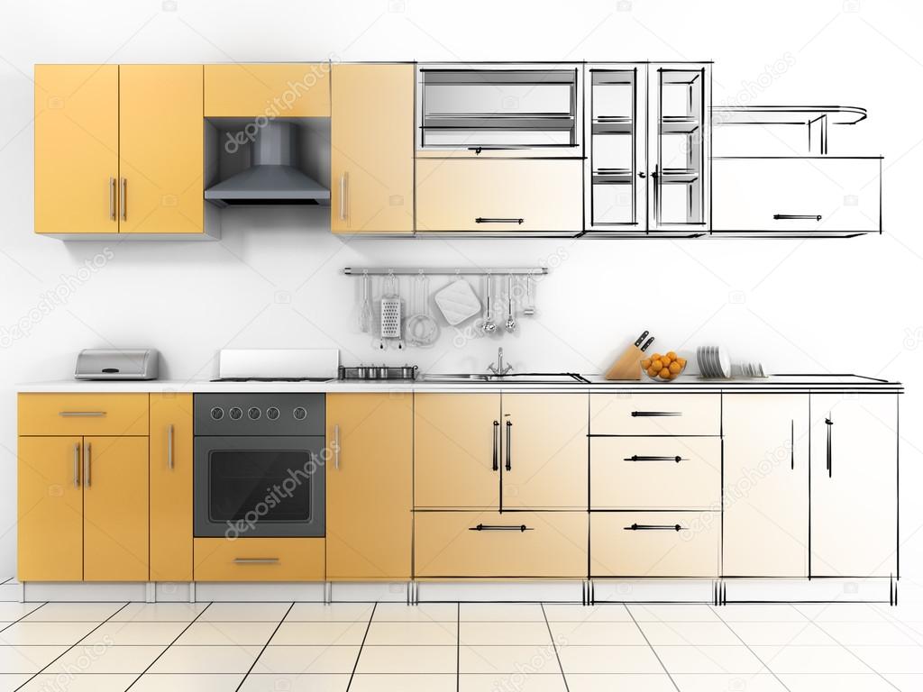 Abstracte schets ontwerp van interieur keuken. wireframe render ...