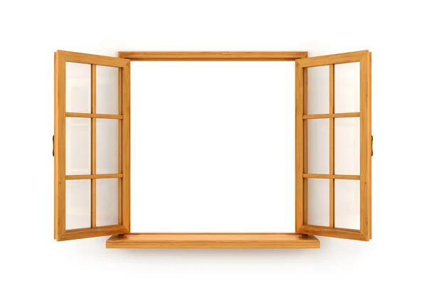 Open wooden window isolated on white background