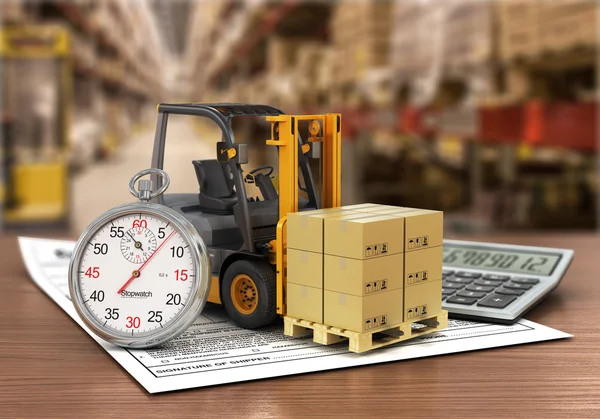 Forklift truck with boxes and stopwatch on the storage. Express