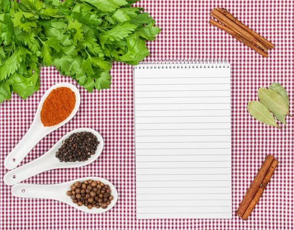 Menu background. Recipe notepad with diversity of spices and her