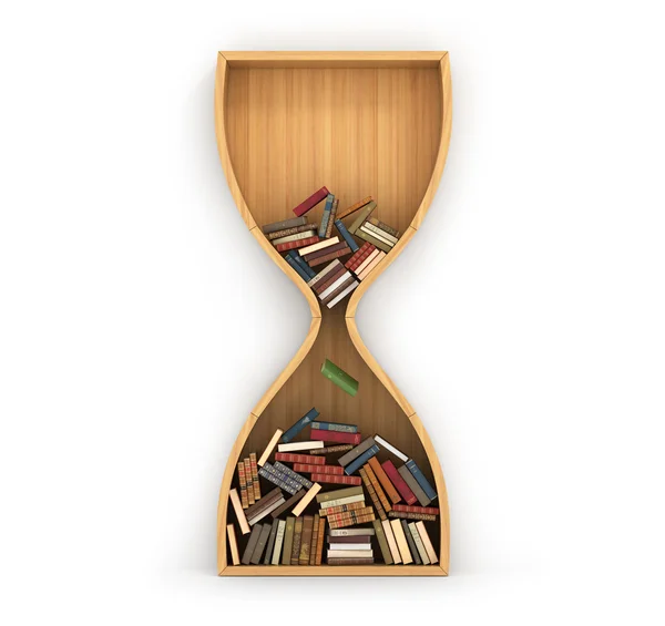 Concept of time to training. Wooden bookshelf full of books in f