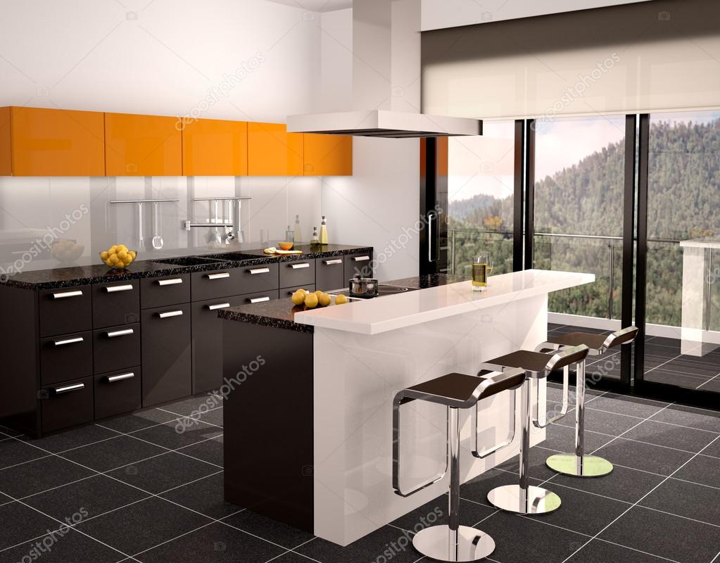 3d illustratie van moderne zwart en oranje keuken interieur met ...