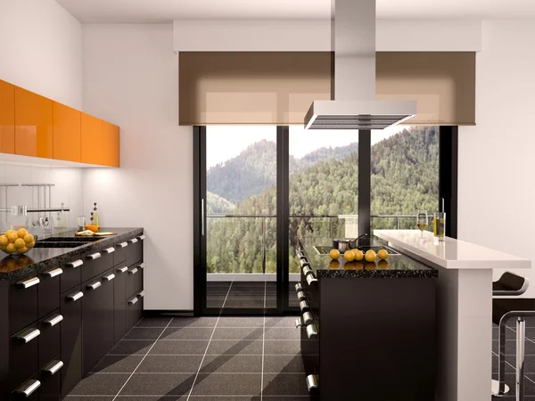 3d illustratie van moderne zwart en oranje keuken interieur met ...