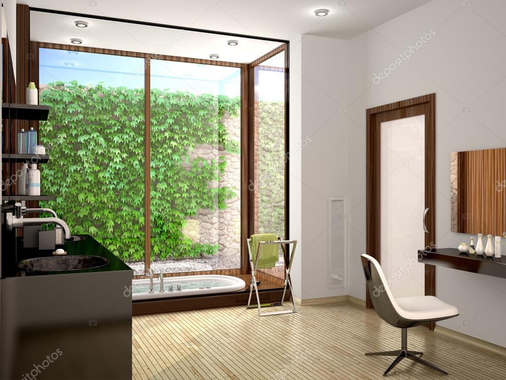 3d illustration av moderna badrum med ett stort panoramafönster ...