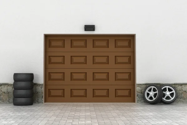 Garage doors and wheel. Garage concept.