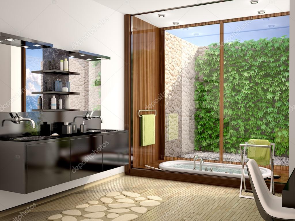 3d illustration av moderna badrum med svart handfat och en stor p ...